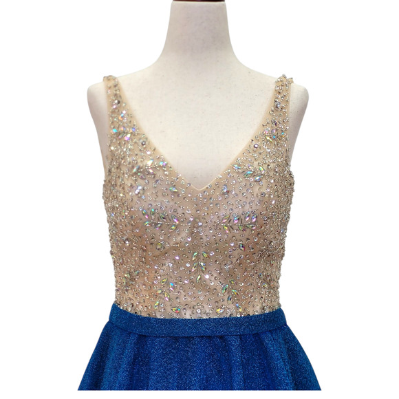 NWT Women's Blue and Gold Short Dress with Beautiful Detailed Gem Bodice - Picture 5 of 8